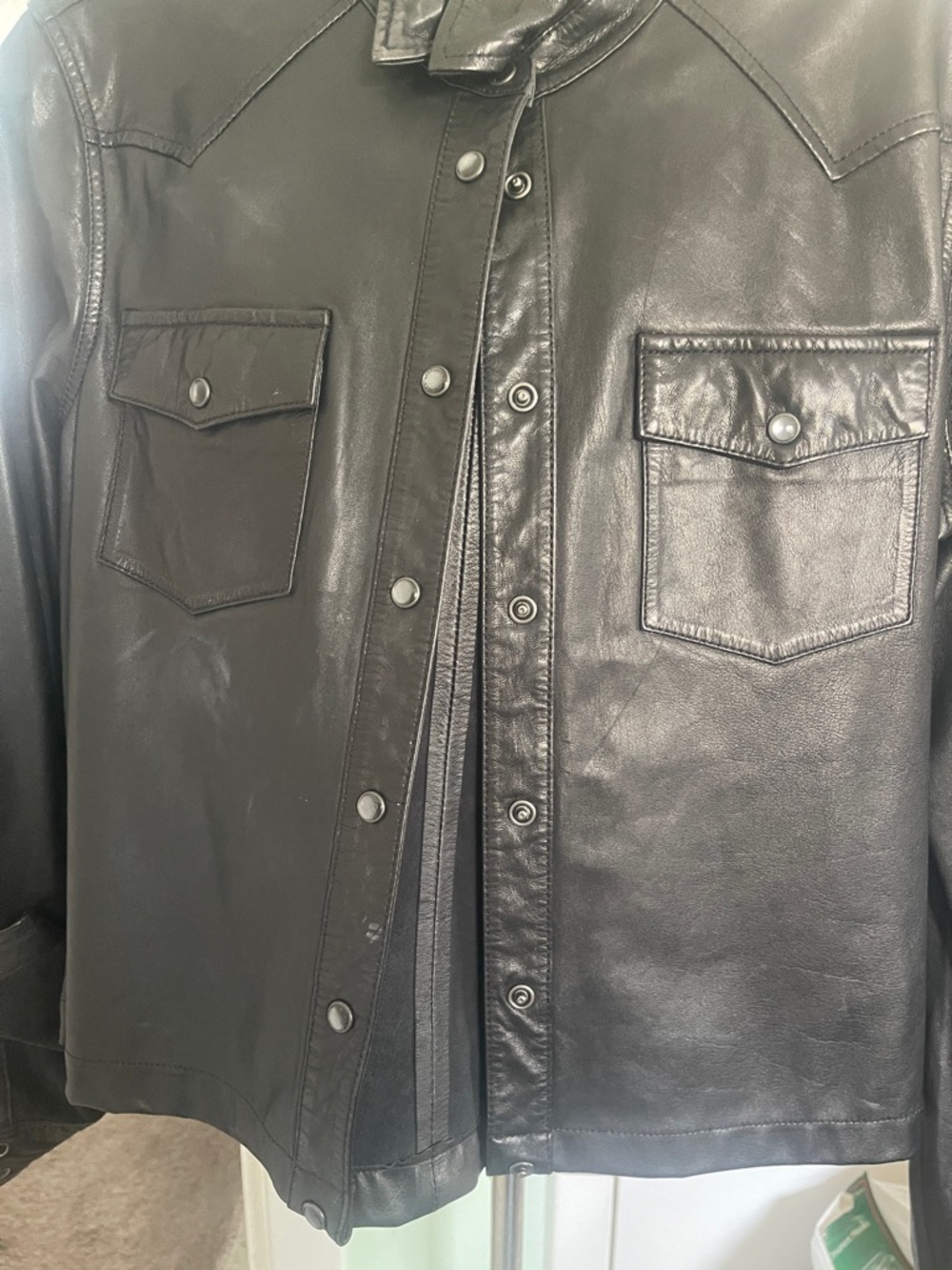 All Saints Black Leather Shirt Jacket with Snap Pockets